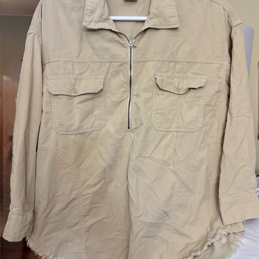OFFLINE by Aerie Tan Distressed Pullover 1/4‎ Zip Corduroy Shirt